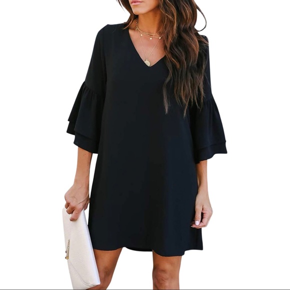 BELONGSCI Women's Dress Sweet & Cute V-Neck Bell Sleeve Shift Dress Mini Dress - Picture 1 of 2